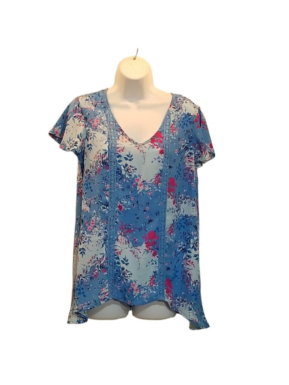 The Pioneer Woman Top Small Floral Lace Flutter Sleeve Asymmetrical Boho Blouse